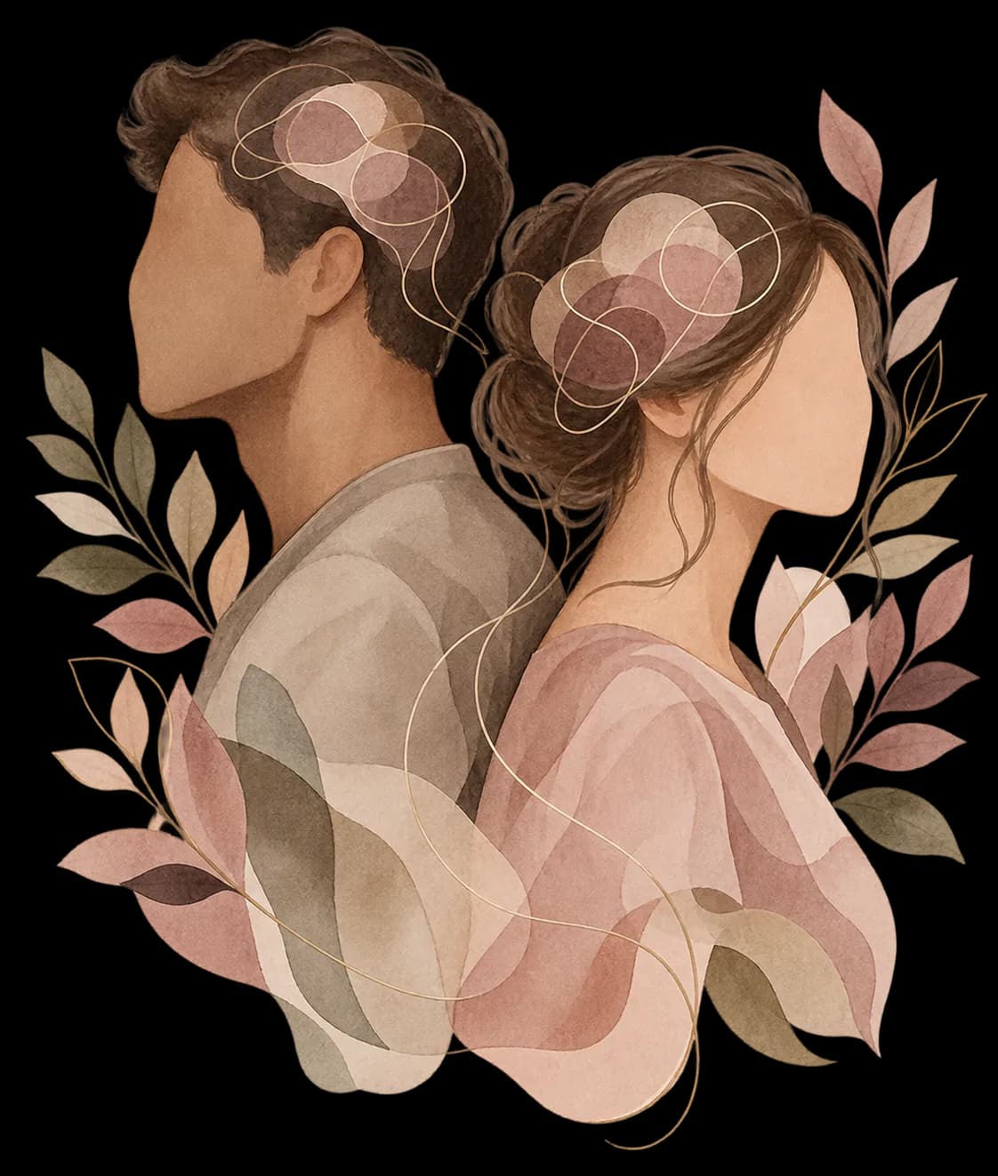 Illustrazione di un uomo e una donna di spalle, con i pensieri intrecciati da un filo dorato