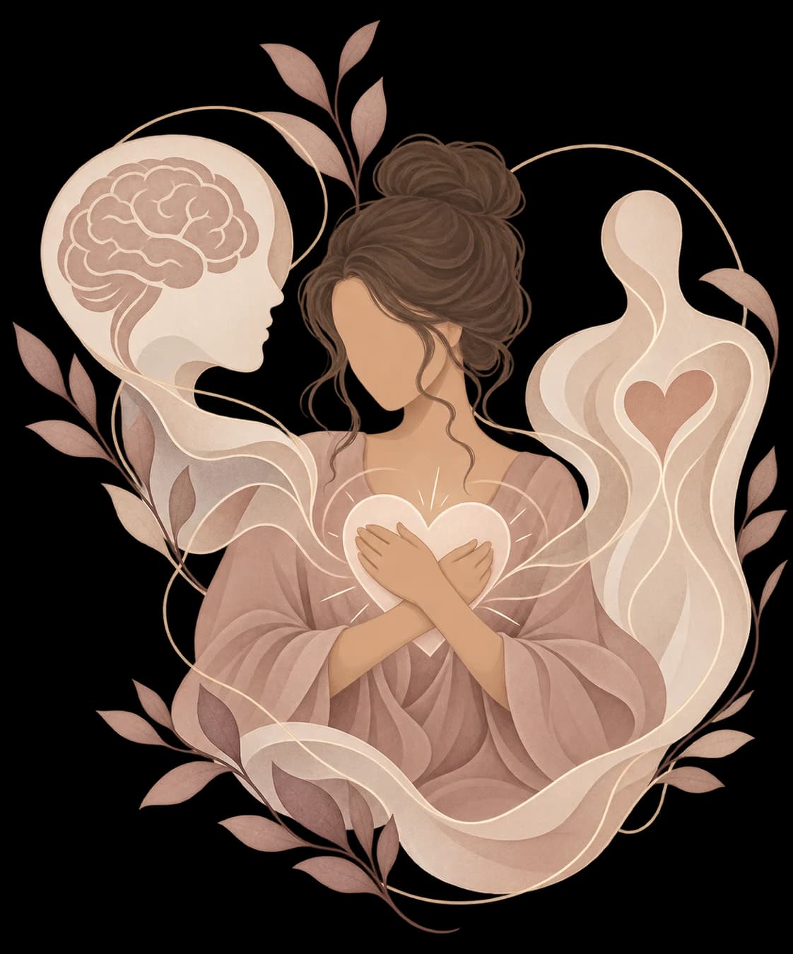 Illustrazione di una donna con le mani sul cuore, tra una mente e una figura in relazione