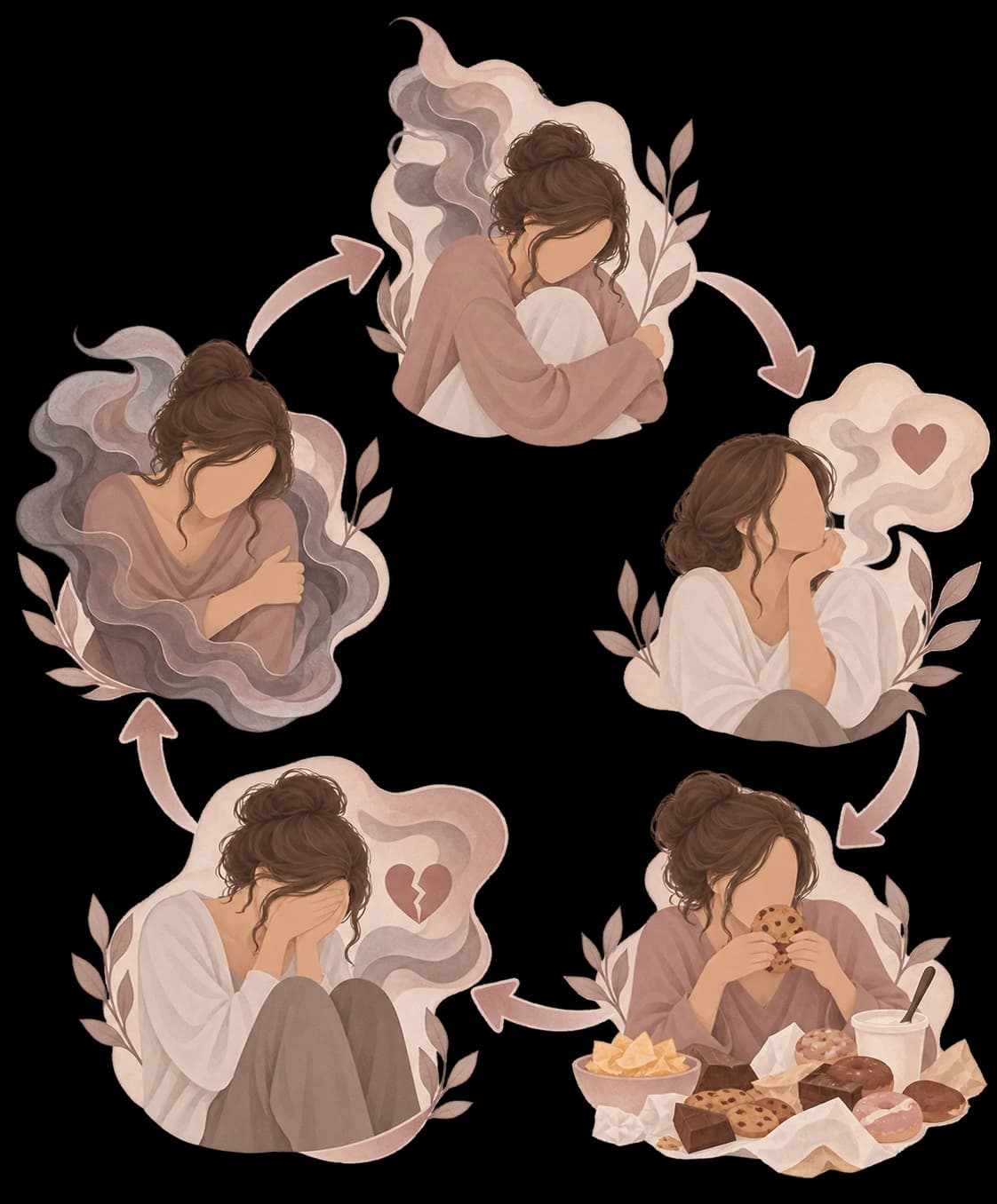 Illustrazione del ciclo della fame emotiva: tensione, bisogno di conforto, cibo, senso di colpa e tristezza