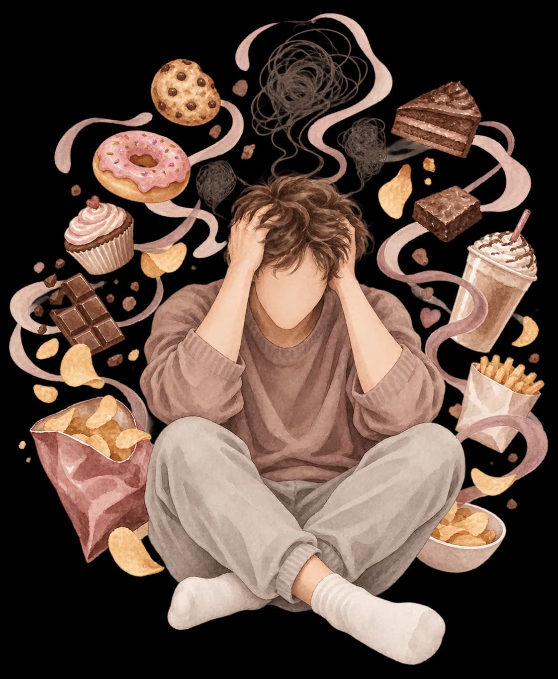 Illustrazione di un ragazzo seduto con le mani tra i capelli, circondato da dolci e snack
