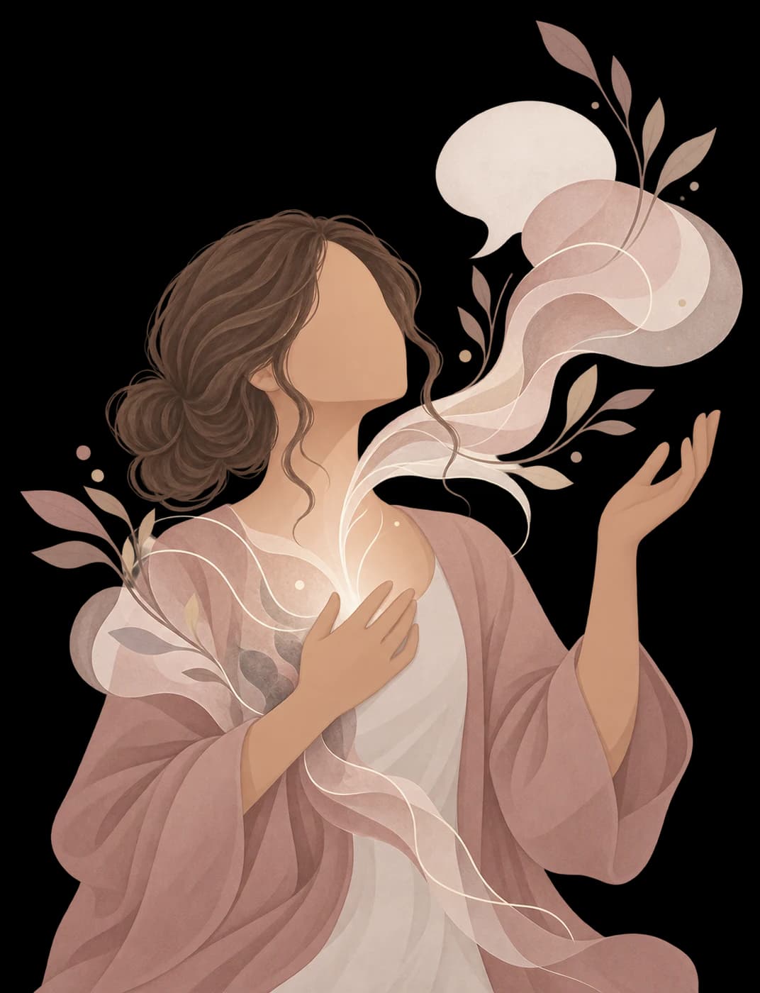 Illustrazione di una donna che guarda in alto con una mano sul cuore, mentre le parole prendono forma