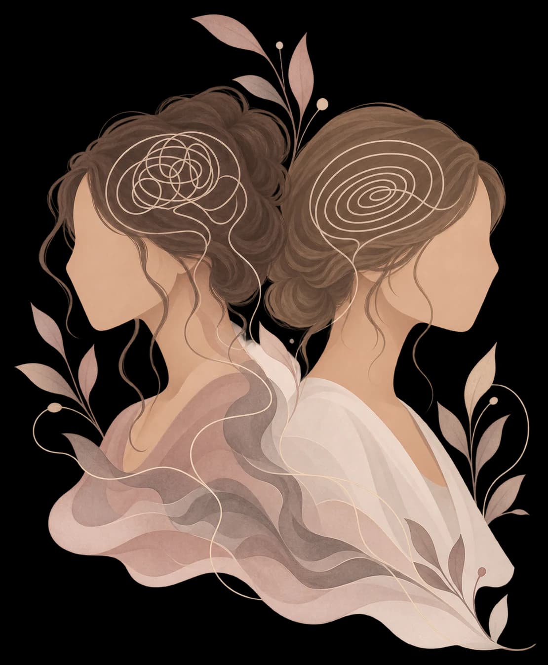 Illustrazione di due profili femminili: pensieri aggrovigliati che diventano una spirale ordinata