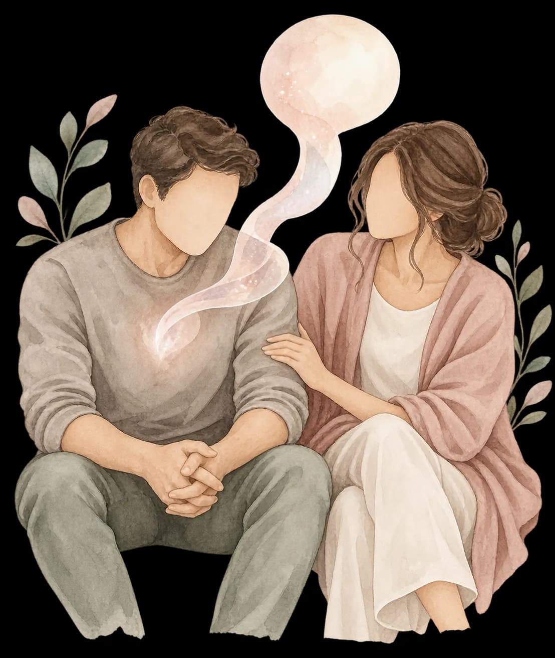Illustrazione di due persone sedute vicine: una si confida, l'altra ascolta con una mano sul suo braccio